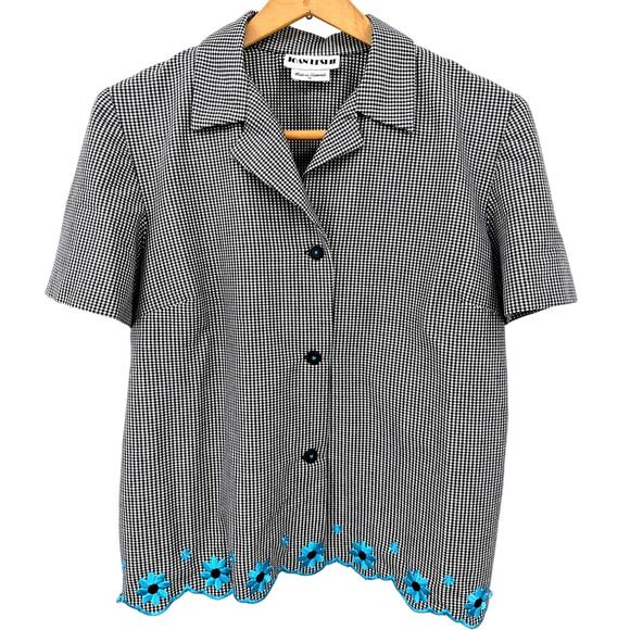 90s Gingham Button Down Short Sleeve Shirt Embroidered Collared Women's Medium - Picture 1 of 4